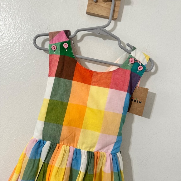 Mini Boden Girls Gingham Cross Back Plaid Neon Sz 5-6 Yr NWT - Picture 2 of 6